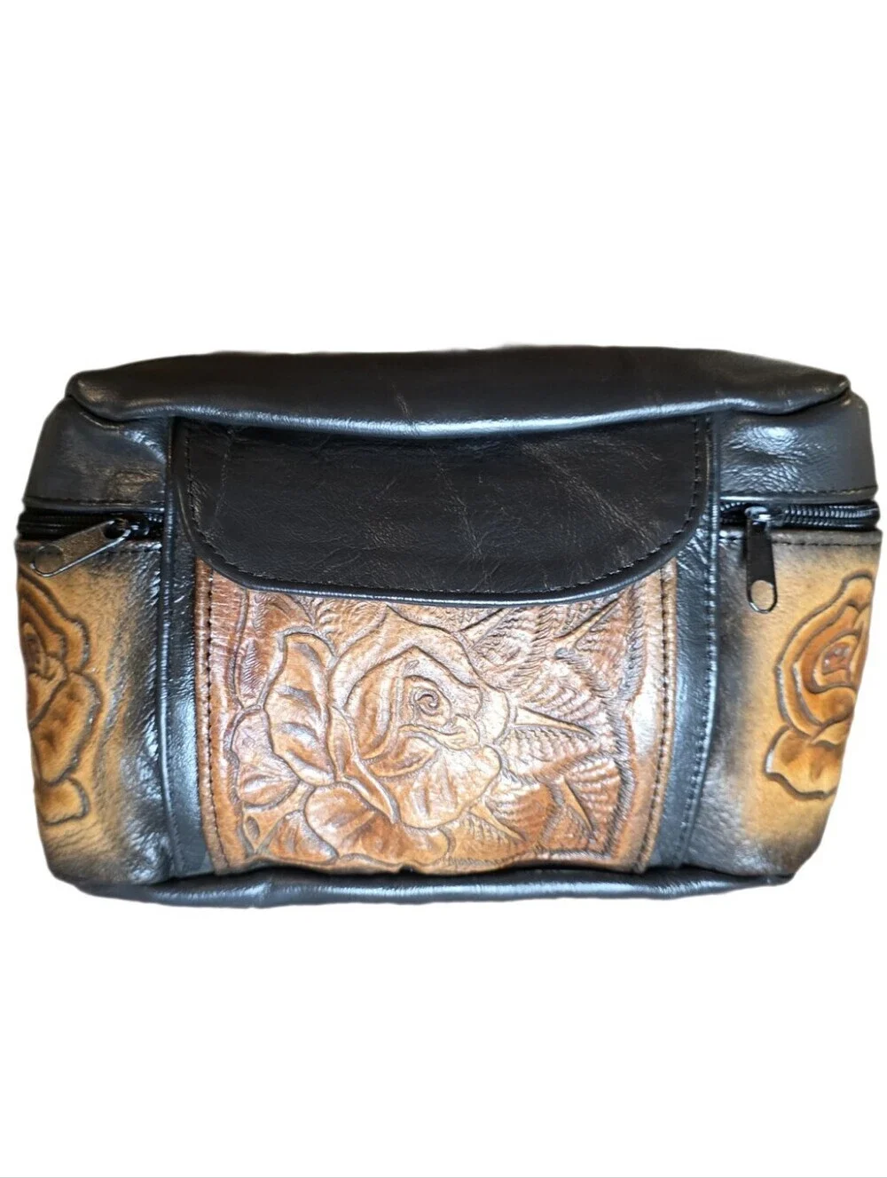 Vintage 1990s Hand-Tooled Leather Rose Waist Bag / Fanny Pack EUC